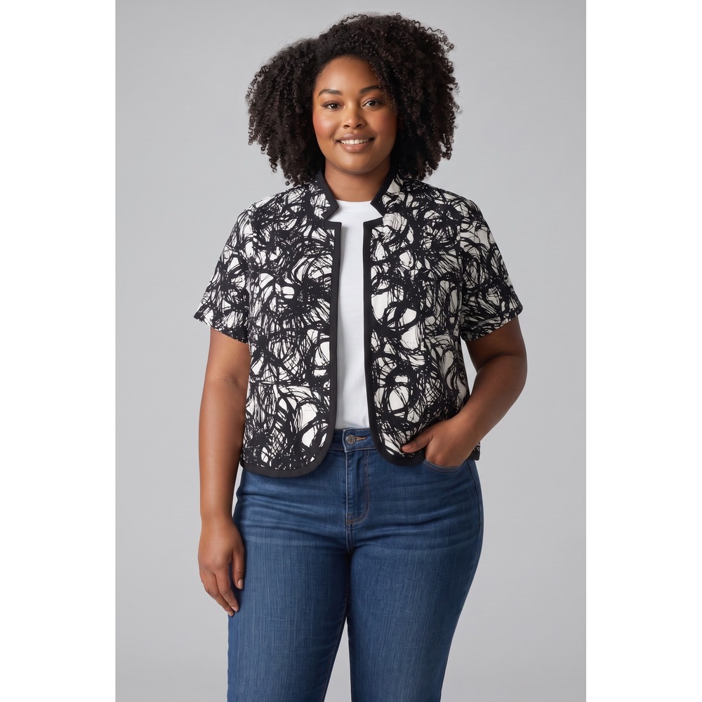 Studio I Women 18W Black White Abstract Swirl Short Sleeve Cropped Jacket Blazer